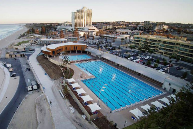 Aerial view of a large outdoor pool in Scarborough